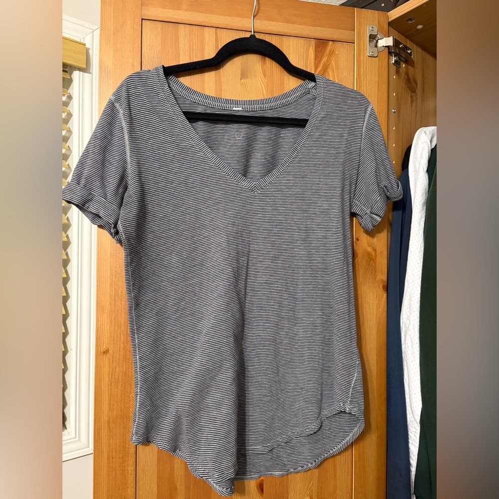 lululemon athletica Black and White Striped V-Neck Tee